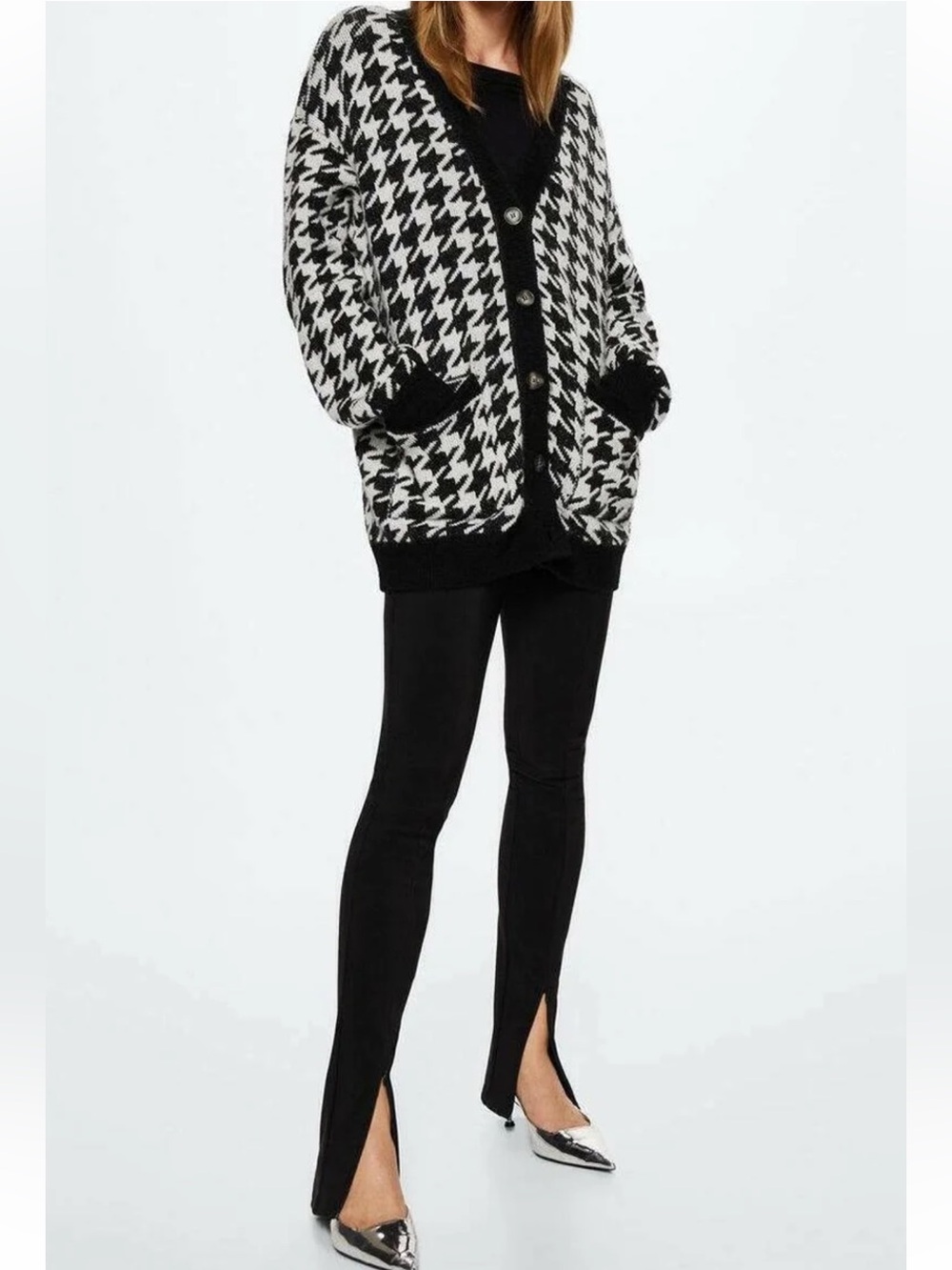 Mango Houndstooth Knit Cardigan Black and Off White Oversized Sz Small